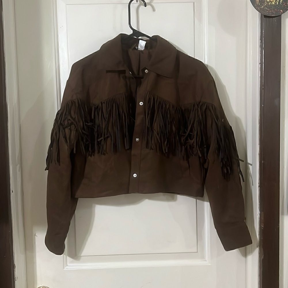 Brown faux suede fringe button up jacket